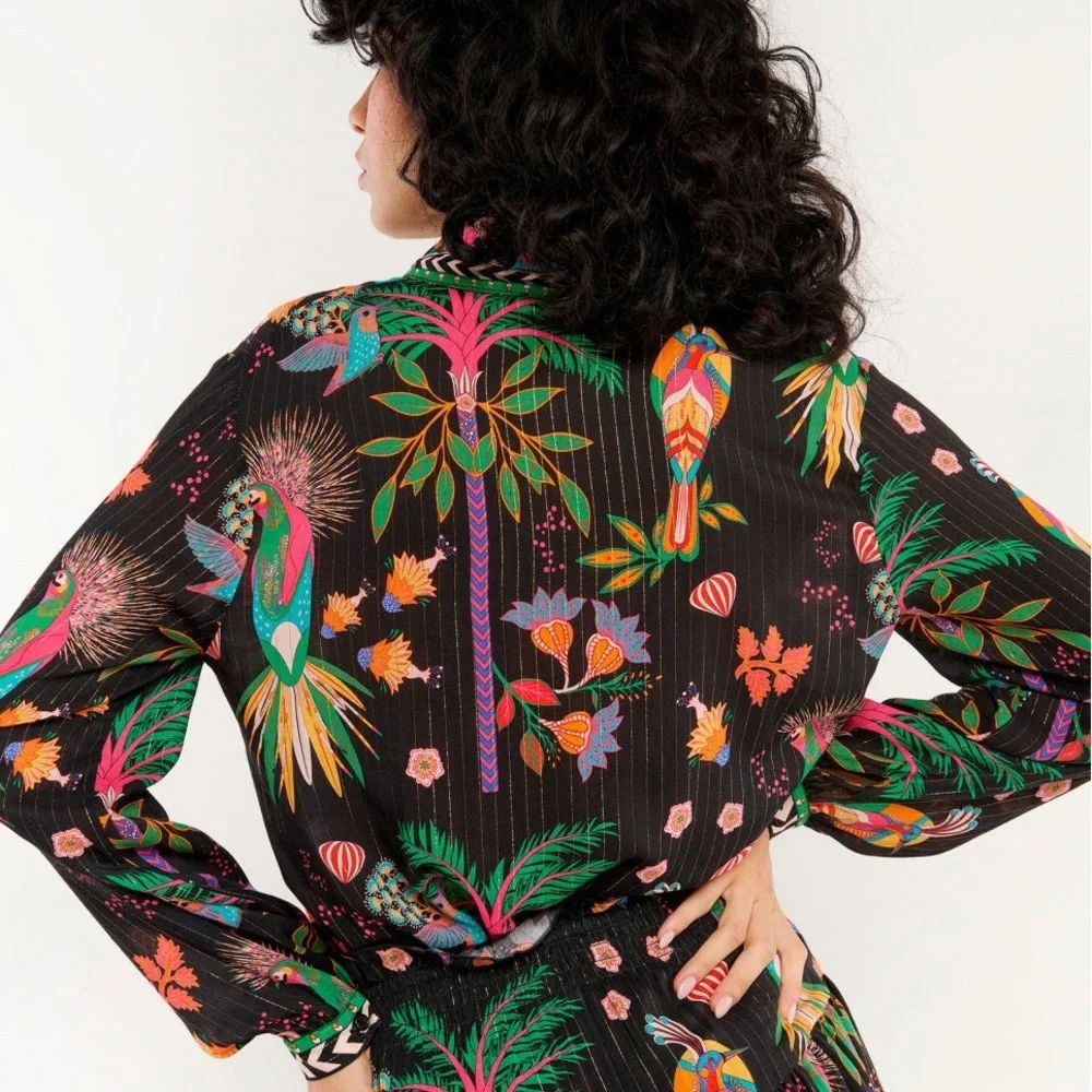 WILD Blouse Maxima Boho Lurex Botanical Print Kimono Top | S/M